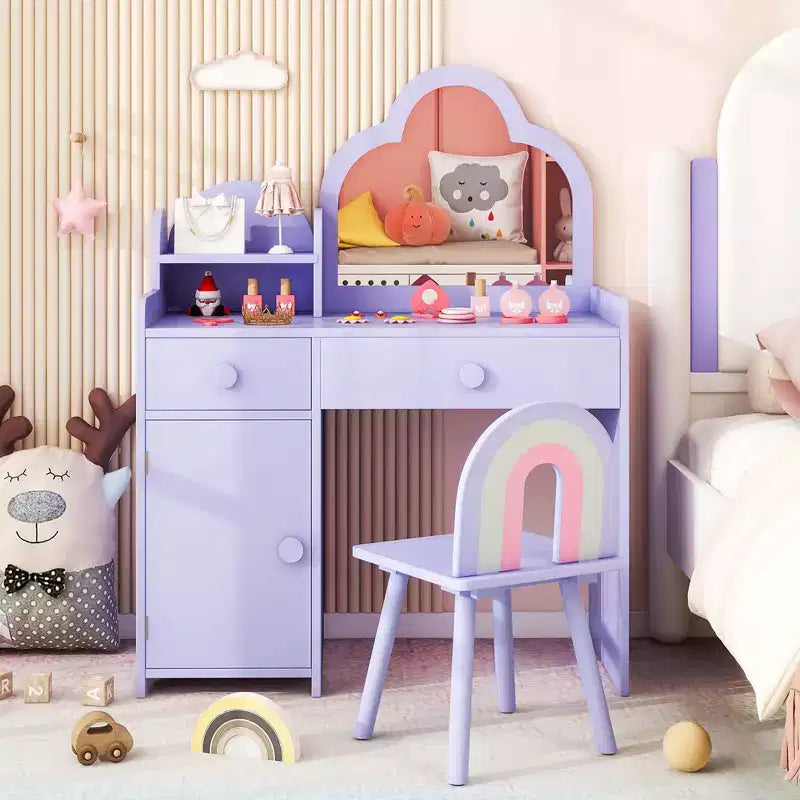 Costway Ensemble table et chaise de coiffeuse pour enfants avec miroir en forme de nuage, étagère ouverte et tiroirs de rangement Blanc/Rose/Violet