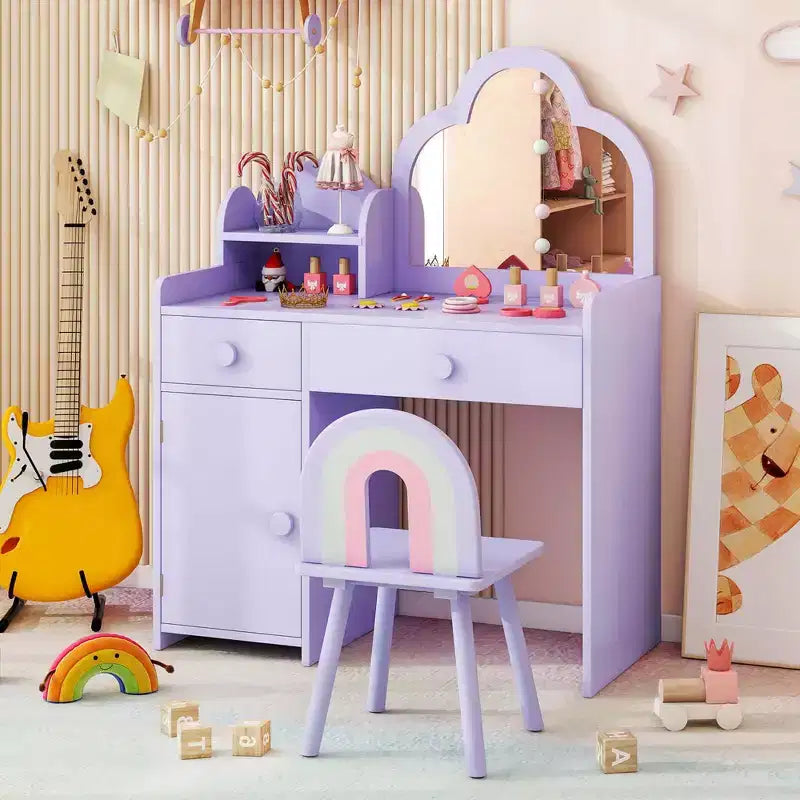 Costway Ensemble table et chaise de coiffeuse pour enfants avec miroir en forme de nuage, étagère ouverte et tiroirs de rangement Blanc/Rose/Violet