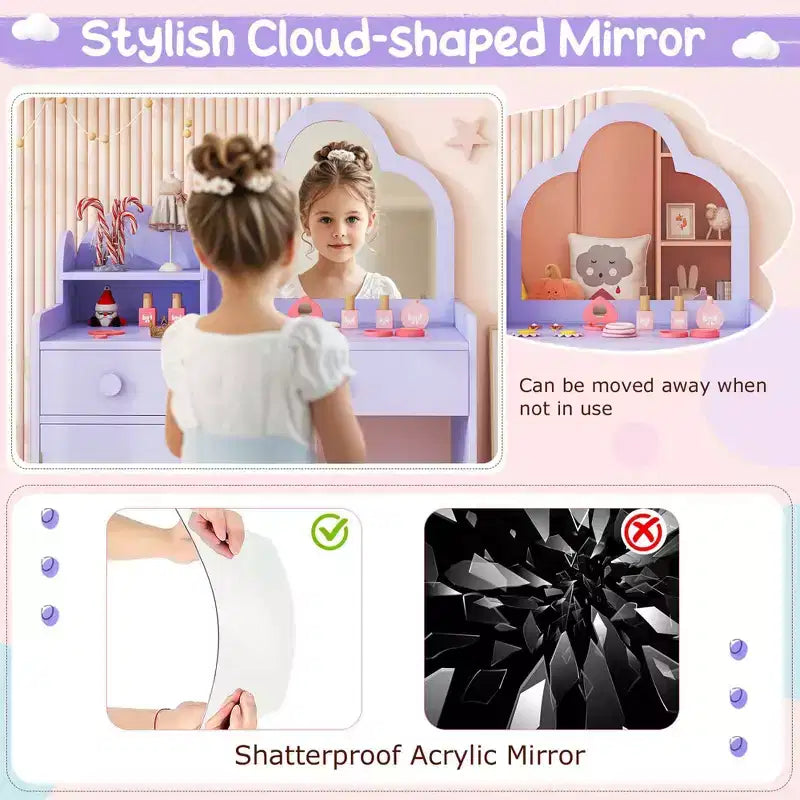 Costway Ensemble table et chaise de coiffeuse pour enfants avec miroir en forme de nuage, étagère ouverte et tiroirs de rangement Blanc/Rose/Violet