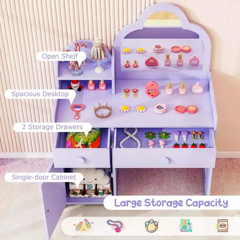 Costway Ensemble table et chaise de coiffeuse pour enfants avec miroir en forme de nuage, étagère ouverte et tiroirs de rangement Blanc/Rose/Violet