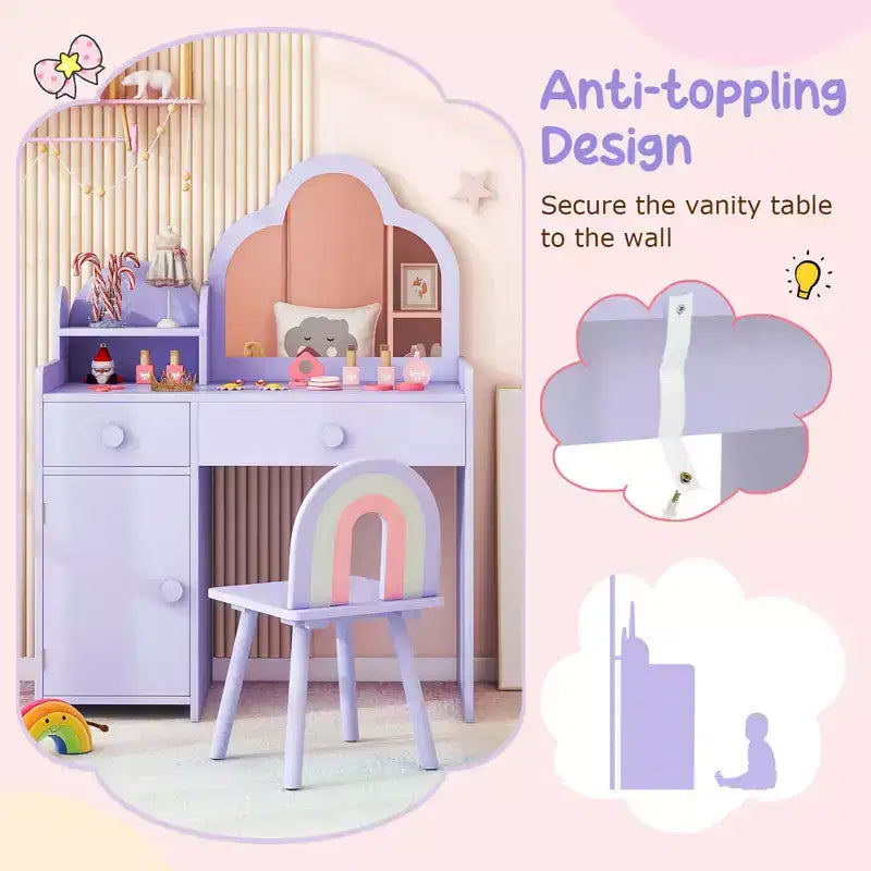Costway Ensemble table et chaise de coiffeuse pour enfants avec miroir en forme de nuage, étagère ouverte et tiroirs de rangement Blanc/Rose/Violet