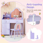 Costway Ensemble table et chaise de coiffeuse pour enfants avec miroir en forme de nuage, étagère ouverte et tiroirs de rangement Blanc/Rose/Violet