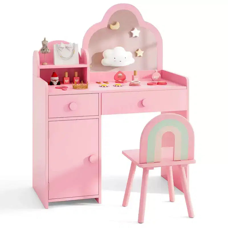 Costway Ensemble table et chaise de coiffeuse pour enfants avec miroir en forme de nuage, étagère ouverte et tiroirs de rangement Blanc/Rose/Violet