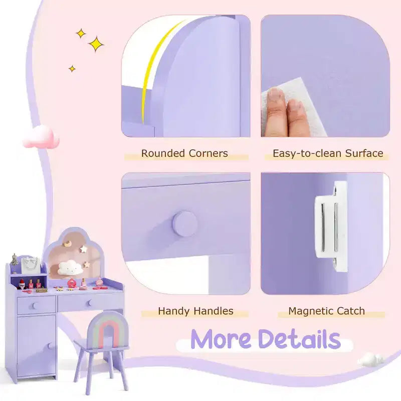 Costway Ensemble table et chaise de coiffeuse pour enfants avec miroir en forme de nuage, étagère ouverte et tiroirs de rangement Blanc/Rose/Violet