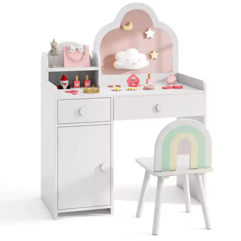 Costway Ensemble table et chaise de coiffeuse pour enfants avec miroir en forme de nuage, étagère ouverte et tiroirs de rangement Blanc/Rose/Violet
