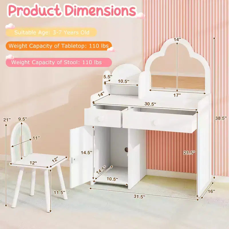 Costway Ensemble table et chaise de coiffeuse pour enfants avec miroir en forme de nuage, étagère ouverte et tiroirs de rangement Blanc/Rose/Violet
