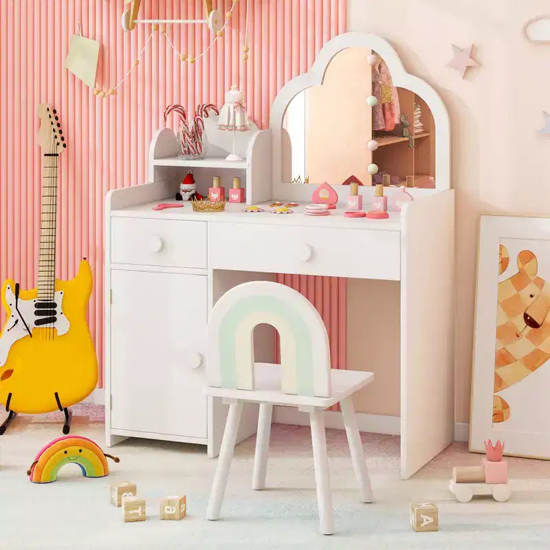 Costway Ensemble table et chaise de coiffeuse pour enfants avec miroir en forme de nuage, étagère ouverte et tiroirs de rangement Blanc/Rose/Violet