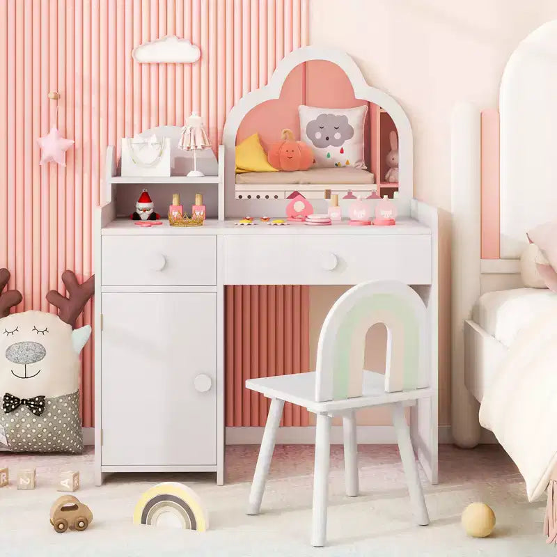 Costway Ensemble table et chaise de coiffeuse pour enfants avec miroir en forme de nuage, étagère ouverte et tiroirs de rangement Blanc/Rose/Violet