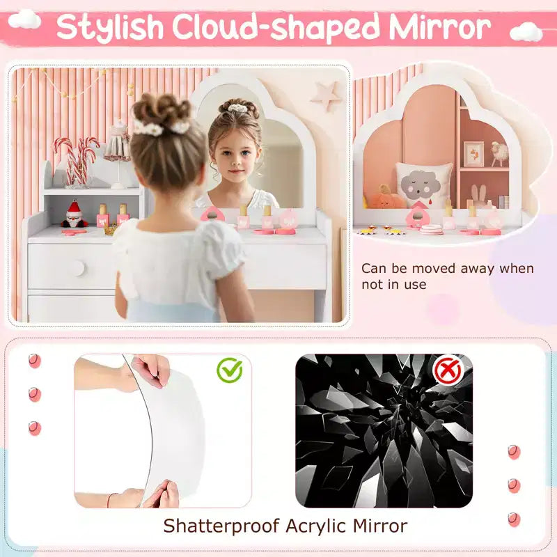 Costway Ensemble table et chaise de coiffeuse pour enfants avec miroir en forme de nuage, étagère ouverte et tiroirs de rangement Blanc/Rose/Violet