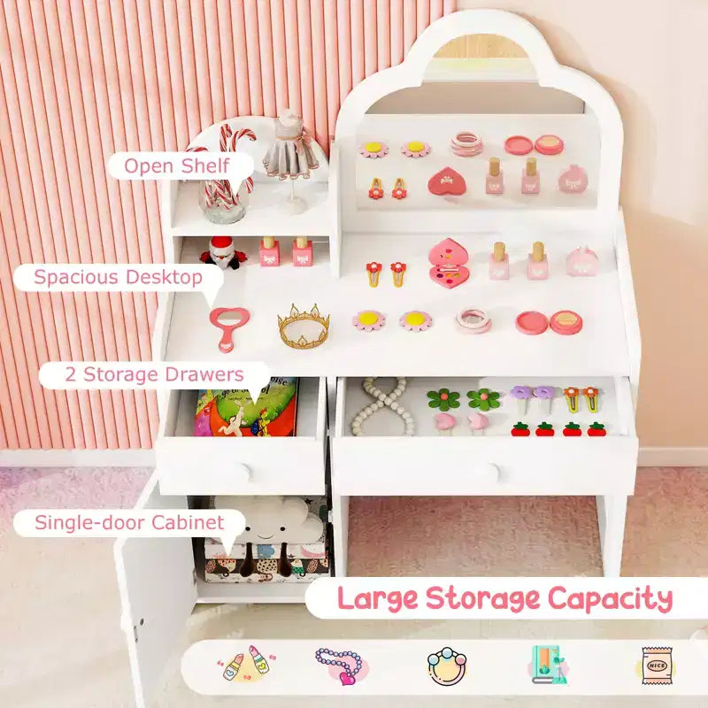Costway Ensemble table et chaise de coiffeuse pour enfants avec miroir en forme de nuage, étagère ouverte et tiroirs de rangement Blanc/Rose/Violet