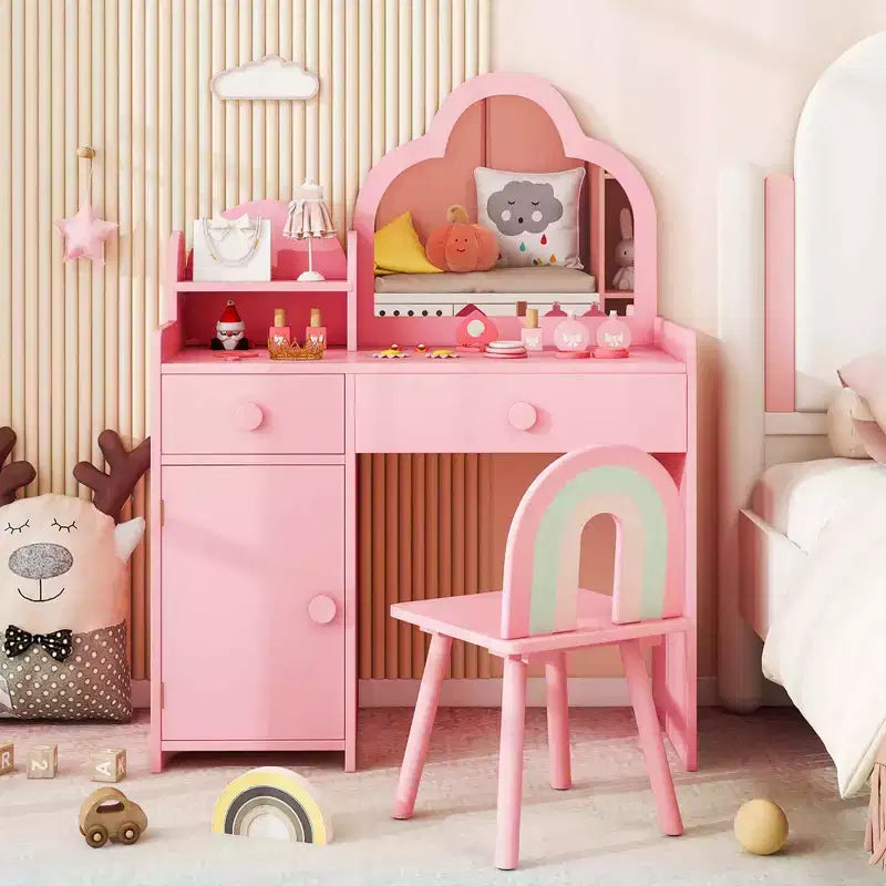 Costway Ensemble table et chaise de coiffeuse pour enfants avec miroir en forme de nuage, étagère ouverte et tiroirs de rangement Blanc/Rose/Violet