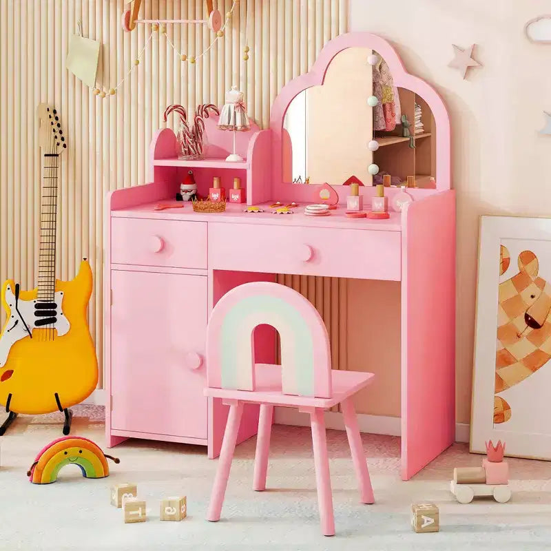 Costway Ensemble table et chaise de coiffeuse pour enfants avec miroir en forme de nuage, étagère ouverte et tiroirs de rangement Blanc/Rose/Violet