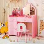Costway Ensemble table et chaise de coiffeuse pour enfants avec miroir en forme de nuage, étagère ouverte et tiroirs de rangement Blanc/Rose/Violet