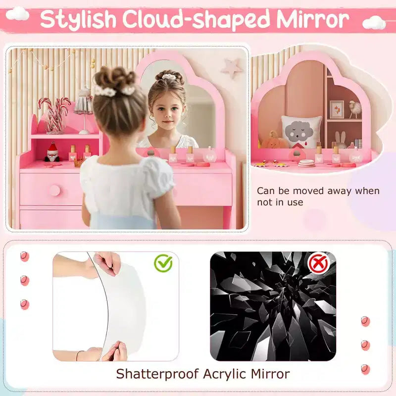 Costway Ensemble table et chaise de coiffeuse pour enfants avec miroir en forme de nuage, étagère ouverte et tiroirs de rangement Blanc/Rose/Violet