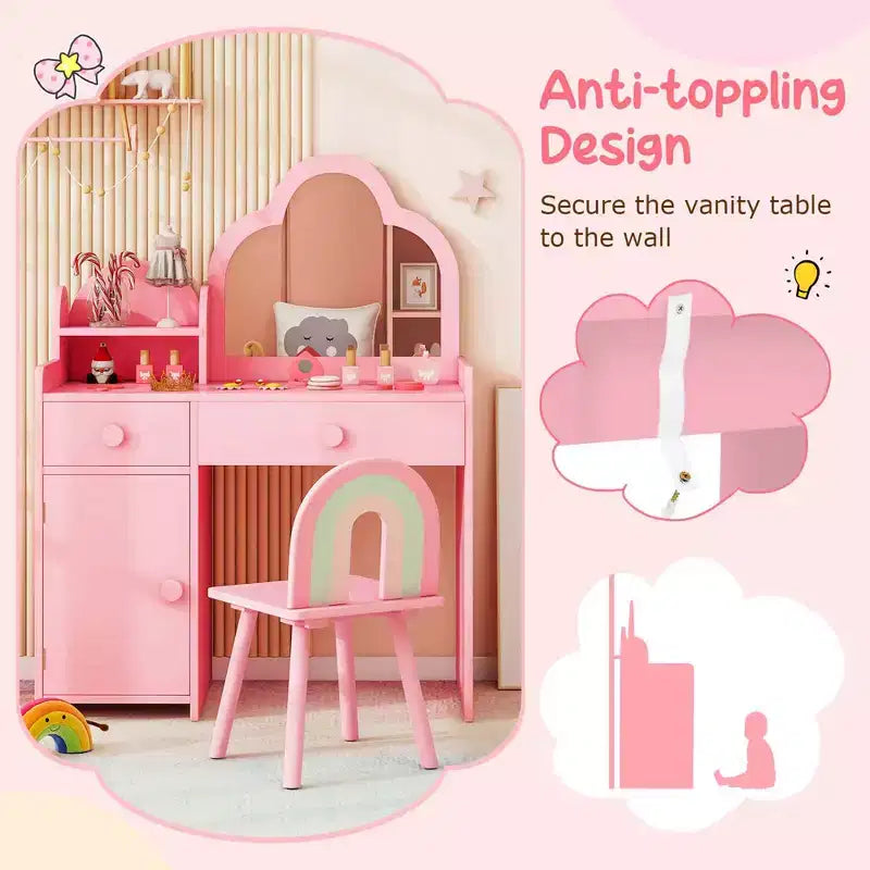 Costway Ensemble table et chaise de coiffeuse pour enfants avec miroir en forme de nuage, étagère ouverte et tiroirs de rangement Blanc/Rose/Violet