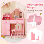 Costway Ensemble table et chaise de coiffeuse pour enfants avec miroir en forme de nuage, étagère ouverte et tiroirs de rangement Blanc/Rose/Violet