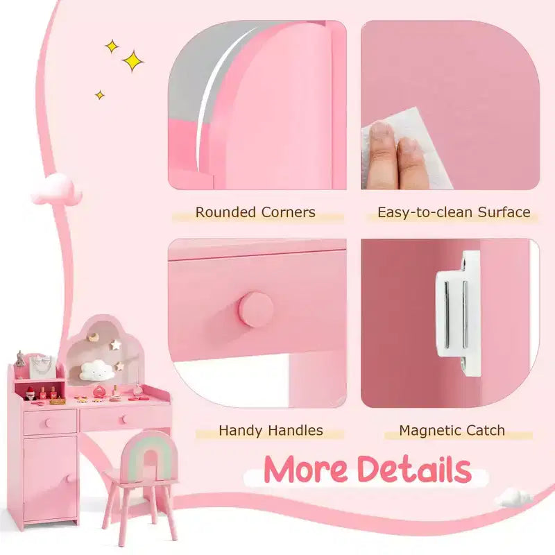Costway Ensemble table et chaise de coiffeuse pour enfants avec miroir en forme de nuage, étagère ouverte et tiroirs de rangement Blanc/Rose/Violet