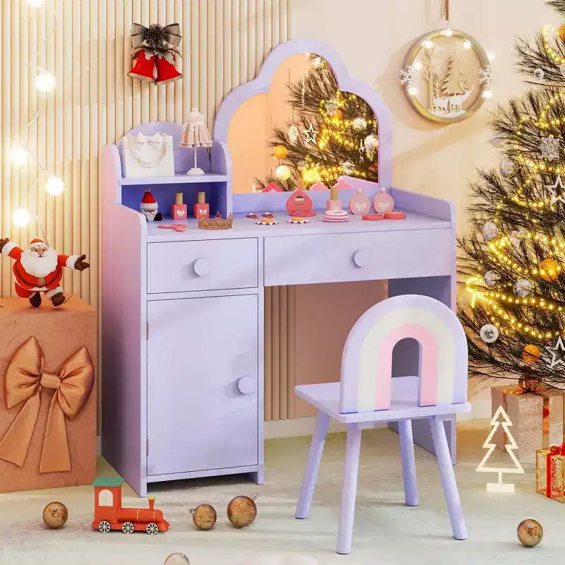 Costway Ensemble table et chaise de coiffeuse pour enfants avec miroir en forme de nuage, étagère ouverte et tiroirs de rangement Blanc/Rose/Violet