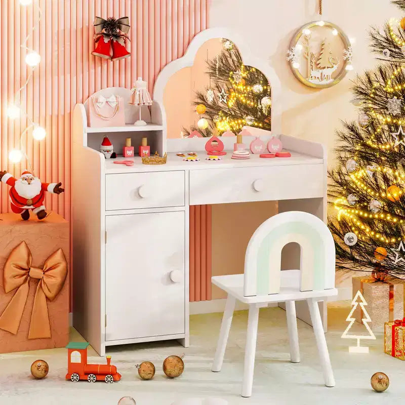 Costway Ensemble table et chaise de coiffeuse pour enfants avec miroir en forme de nuage, étagère ouverte et tiroirs de rangement Blanc/Rose/Violet