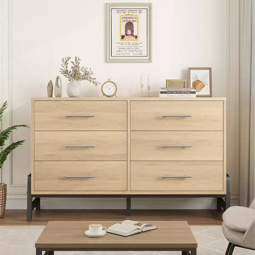 6 commodes de chambre, commode de 132 cm de large, commode à tiroirs large avec rangement autoportante, commode de rangement en bois pour chambre à coucher