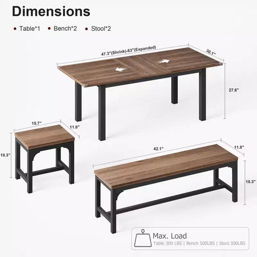 Ensemble de salle à manger 5 pièces pour 4-6 personnes, grande table de salle à manger extensible de 160 cm pour 4 personnes, table de cuisine avec bancs et tabourets