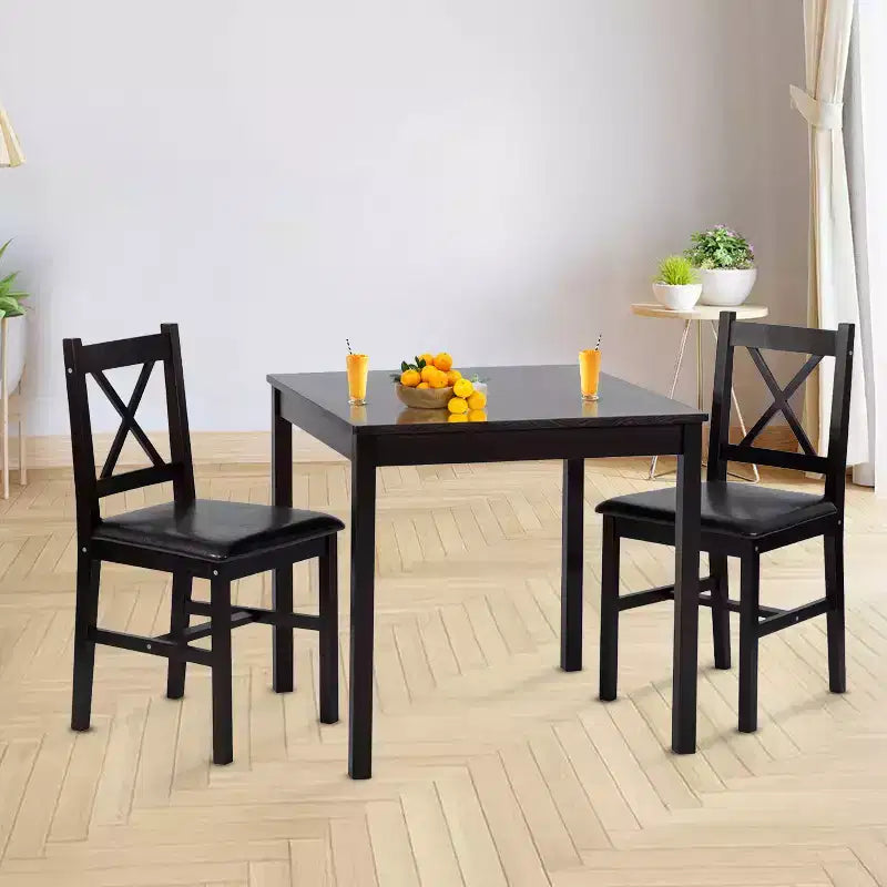 Ensemble de salle à manger 3/5 pièces FDW avec construction en bois de pin massif et chaises en similicuir, marron foncé
