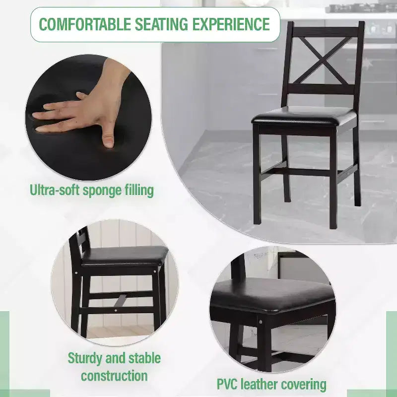 Ensemble de salle à manger 3/5 pièces FDW avec construction en bois de pin massif et chaises en similicuir, marron foncé