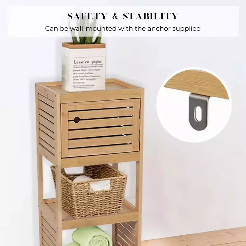 Evideco Meuble de Rangement Compact pour Salle de Bain avec Étagères Ouvertes et Porte Ventilée, Naturel - Collection Trinidad