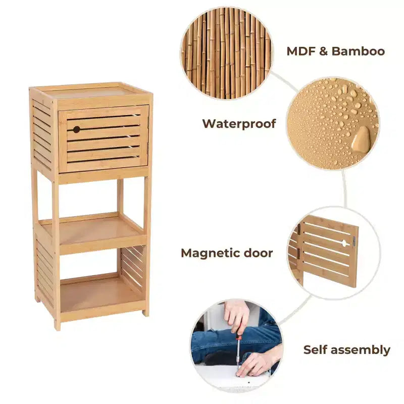 Evideco Meuble de Rangement Compact pour Salle de Bain avec Étagères Ouvertes et Porte Ventilée, Naturel - Collection Trinidad