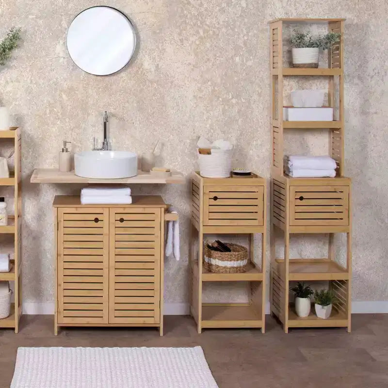 Evideco Meuble de Rangement Compact pour Salle de Bain avec Étagères Ouvertes et Porte Ventilée, Naturel - Collection Trinidad