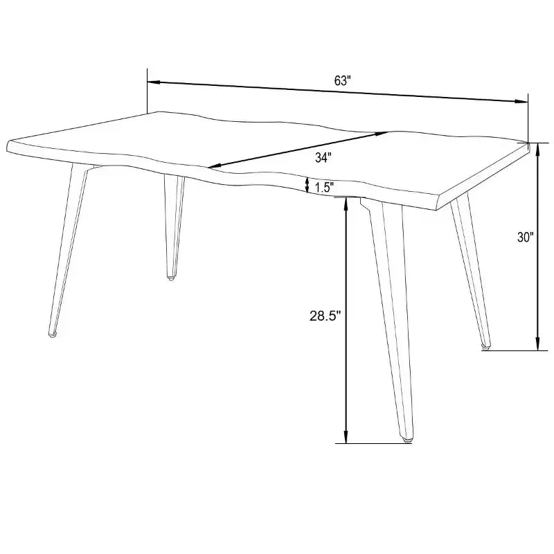 Table à manger rectangulaire moderne LeisureMod Ravenna 63 – Plateau en bois à bord ondulé avec pieds en métal pour cuisine, salle à manger et espaces contemporains