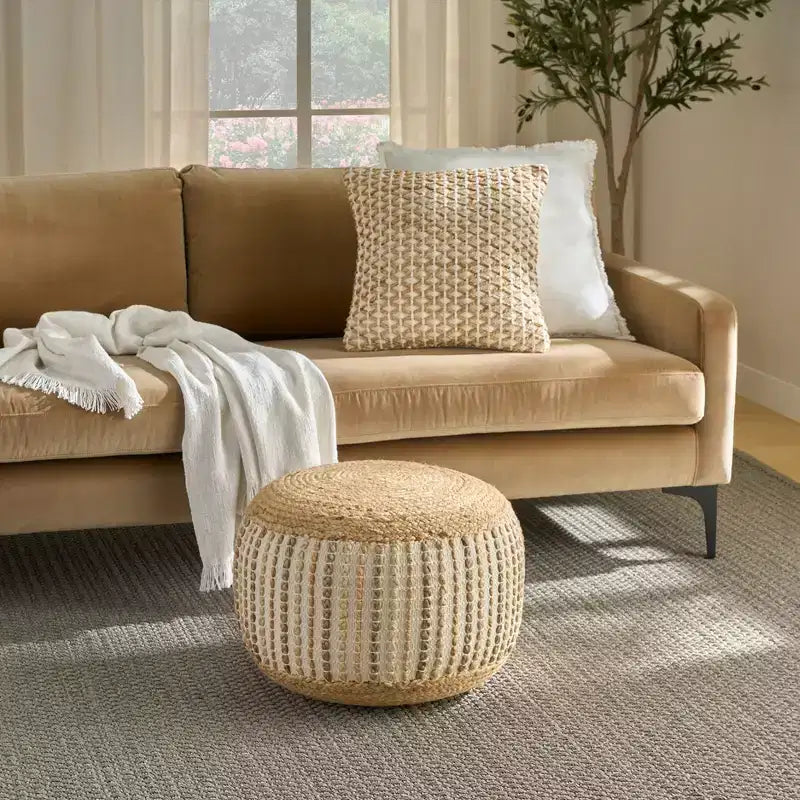 Pouf d'intérieur Mina Victory Lifestyle en jute tressé et coton, 50 x 50 x 30 cm, ivoire