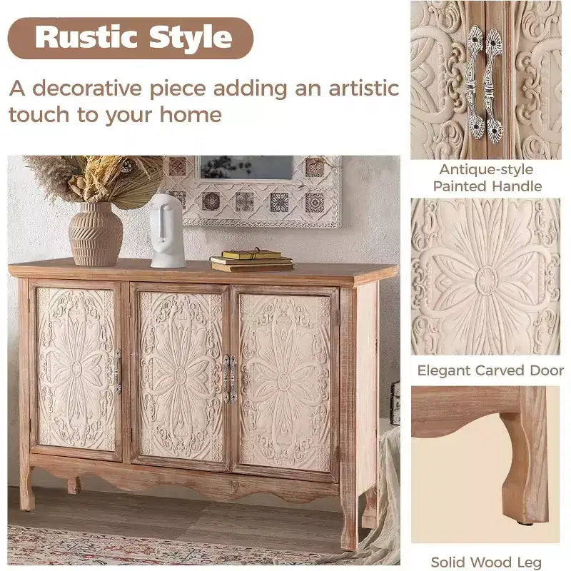 Heynemo Meuble d'Appoint Rustique avec 3 Portes Sculptées, Buffet Vaisselier Vintage avec Étagères