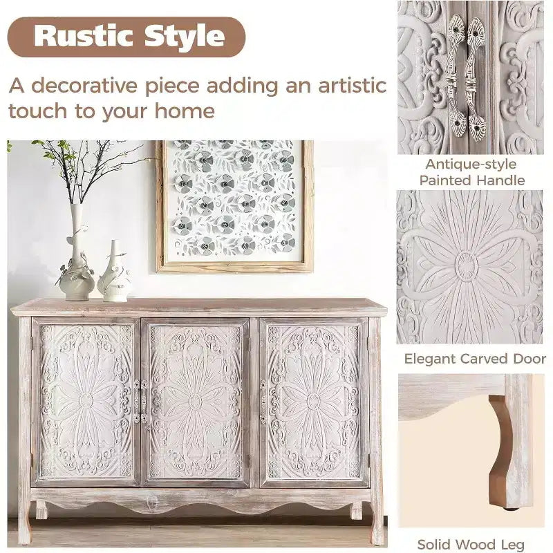 Heynemo Meuble d'Appoint Rustique avec 3 Portes Sculptées, Buffet Vaisselier Vintage avec Étagères
