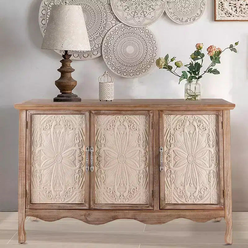Heynemo Meuble d'Appoint Rustique avec 3 Portes Sculptées, Buffet Vaisselier Vintage avec Étagères
