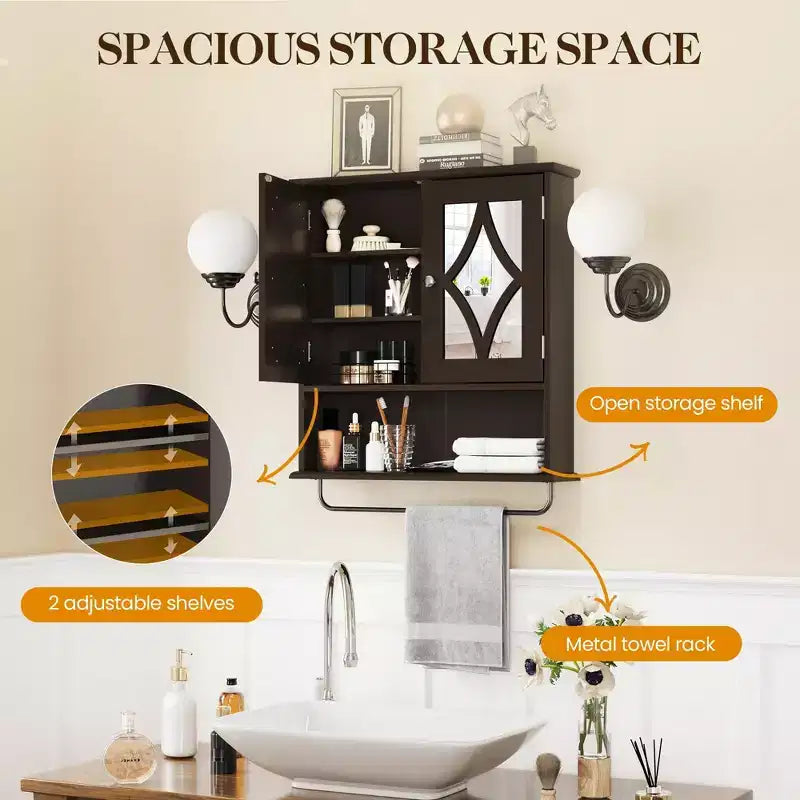 Armoire à pharmacie Heynemo avec miroir, meuble de rangement mural de salle de bain avec étagères réglables et barre porte-serviettes, pour salle de bain, buanderie