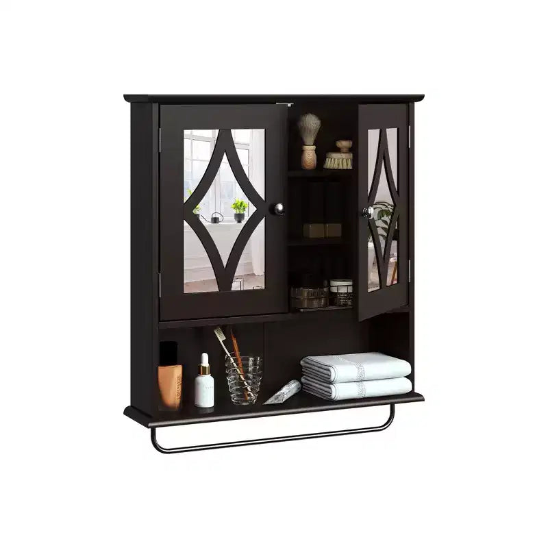 Armoire à pharmacie Heynemo avec miroir, meuble de rangement mural de salle de bain avec étagères réglables et barre porte-serviettes, pour salle de bain, buanderie