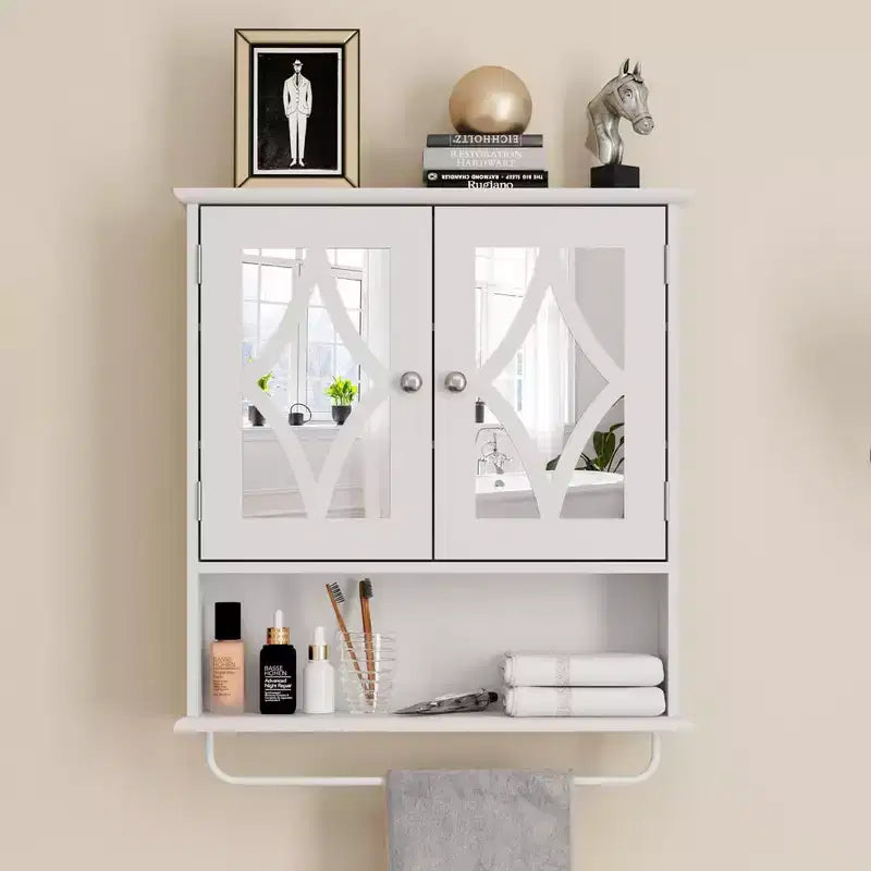 Armoire à pharmacie Heynemo avec miroir, meuble de rangement mural de salle de bain avec étagères réglables et barre porte-serviettes, pour salle de bain, buanderie