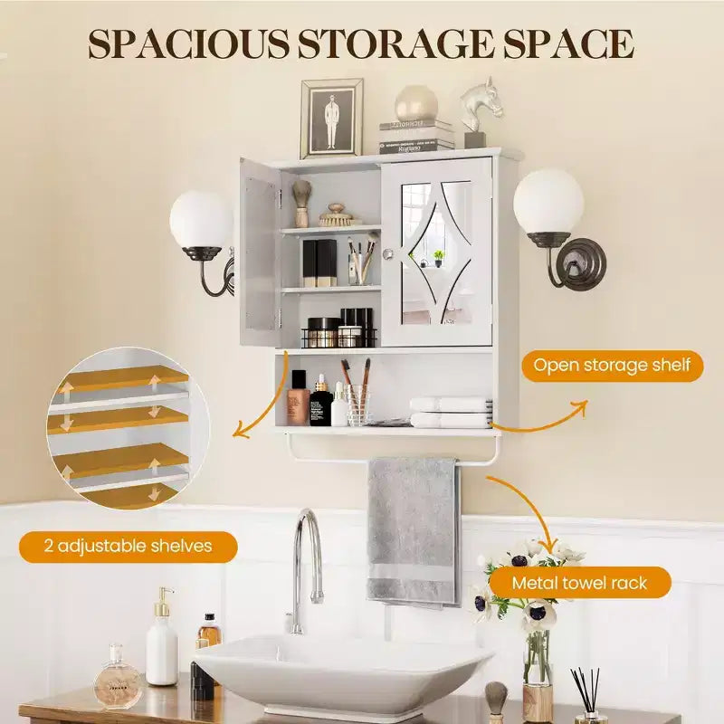 Armoire à pharmacie Heynemo avec miroir, meuble de rangement mural de salle de bain avec étagères réglables et barre porte-serviettes, pour salle de bain, buanderie