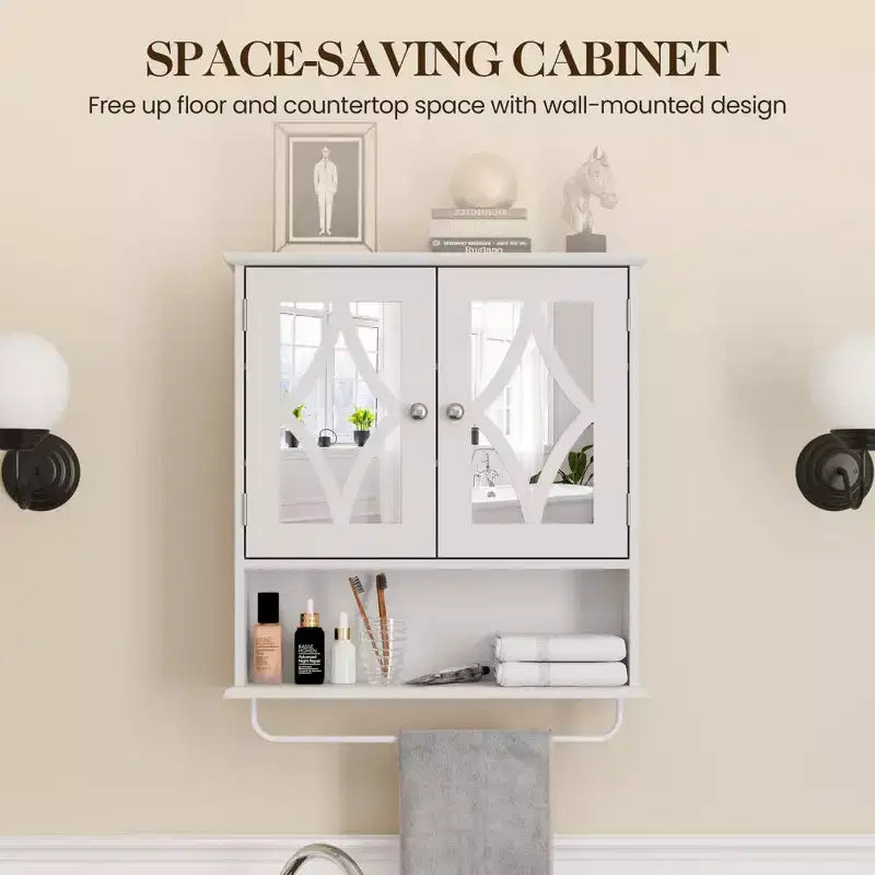 Armoire à pharmacie Heynemo avec miroir, meuble de rangement mural de salle de bain avec étagères réglables et barre porte-serviettes, pour salle de bain, buanderie