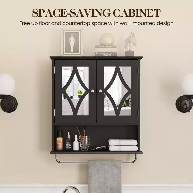 Armoire à pharmacie Heynemo avec miroir, meuble de rangement mural de salle de bain avec étagères réglables et barre porte-serviettes, pour salle de bain, buanderie