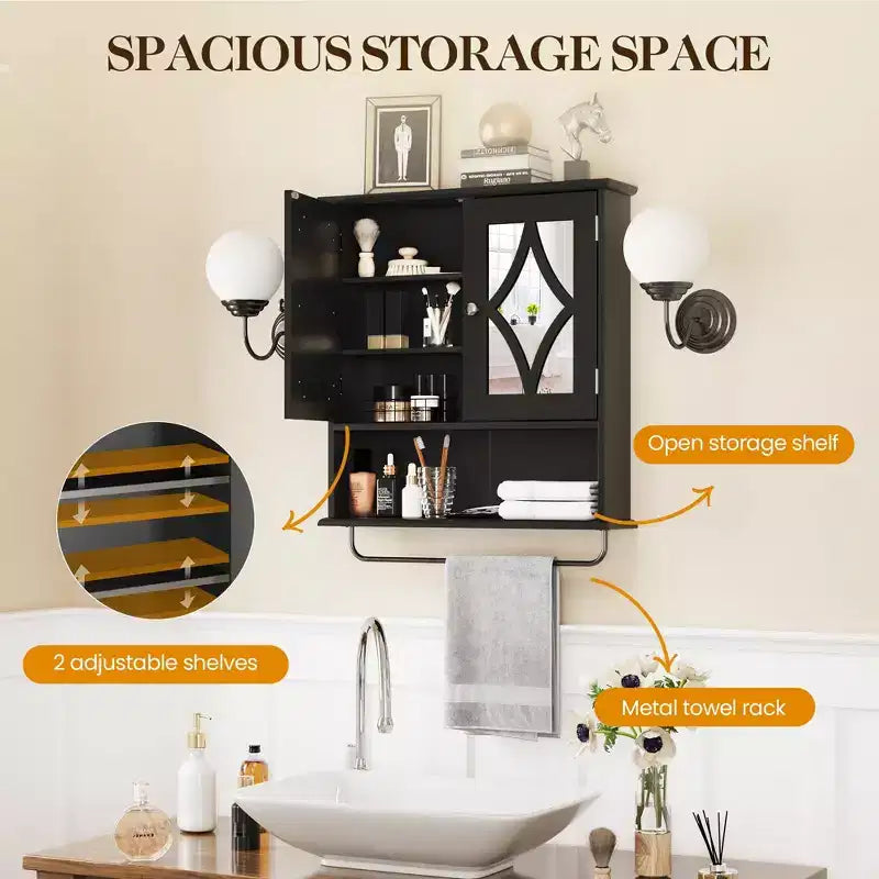 Armoire à pharmacie Heynemo avec miroir, meuble de rangement mural de salle de bain avec étagères réglables et barre porte-serviettes, pour salle de bain, buanderie
