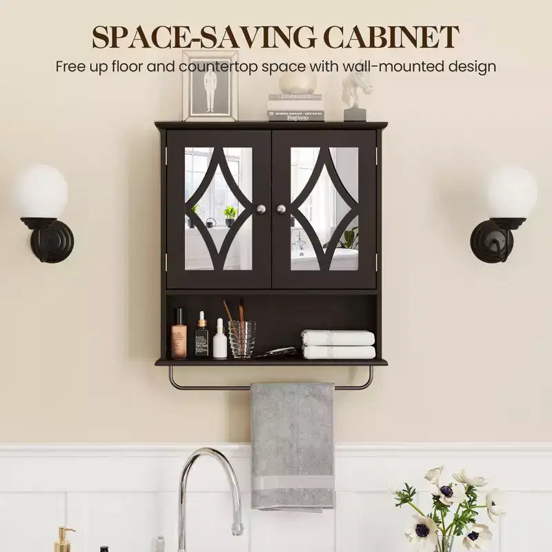 Armoire à pharmacie Heynemo avec miroir, meuble de rangement mural de salle de bain avec étagères réglables et barre porte-serviettes, pour salle de bain, buanderie