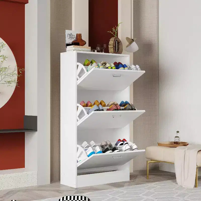 Hitow Meuble à Chaussures Basculant Blanc 3 Tiroirs Design Minimaliste Léger