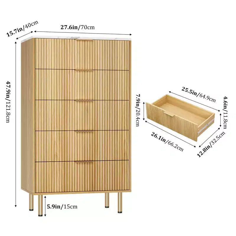 Commode en bois cannelé Garvee, 5 tiroirs pour chambre, commode haute blanche moderne avec poignée dorée, organisateur de tiroirs en bois pour salon, couloir