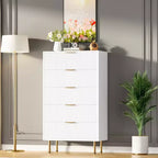 Commode en bois cannelé Garvee, 5 tiroirs pour chambre, commode haute blanche moderne avec poignée dorée, organisateur de tiroirs en bois pour salon, couloir