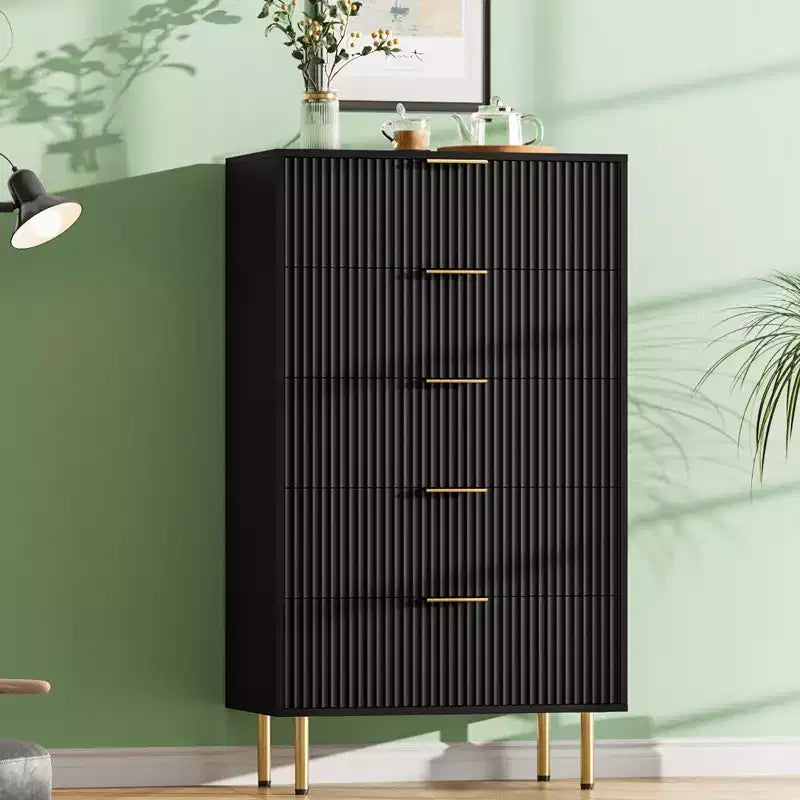 Commode en bois cannelé Garvee, 5 tiroirs pour chambre, commode haute blanche moderne avec poignée dorée, organisateur de tiroirs en bois pour salon, couloir