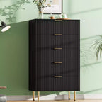 Commode en bois cannelé Garvee, 5 tiroirs pour chambre, commode haute blanche moderne avec poignée dorée, organisateur de tiroirs en bois pour salon, couloir
