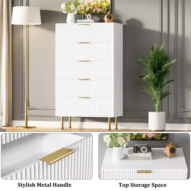 Commode en bois cannelé Garvee, 5 tiroirs pour chambre, commode haute blanche moderne avec poignée dorée, organisateur de tiroirs en bois pour salon, couloir