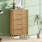 Commode en bois cannelé Garvee, 5 tiroirs pour chambre, commode haute blanche moderne avec poignée dorée, organisateur de tiroirs en bois pour salon, couloir